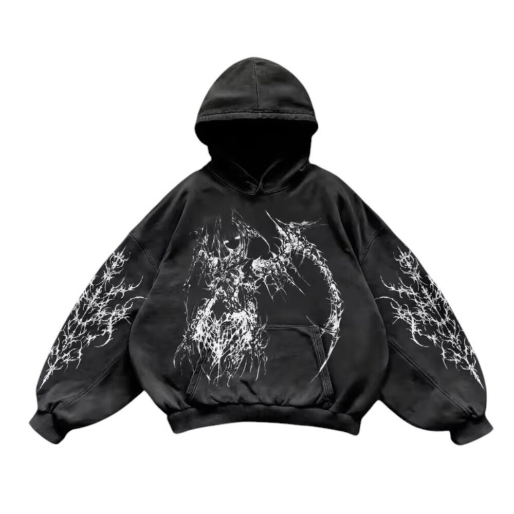 Mens Graphic Hoodie, Black Dark Streetwear Gothic Jacket, Cotton Polysester Blen